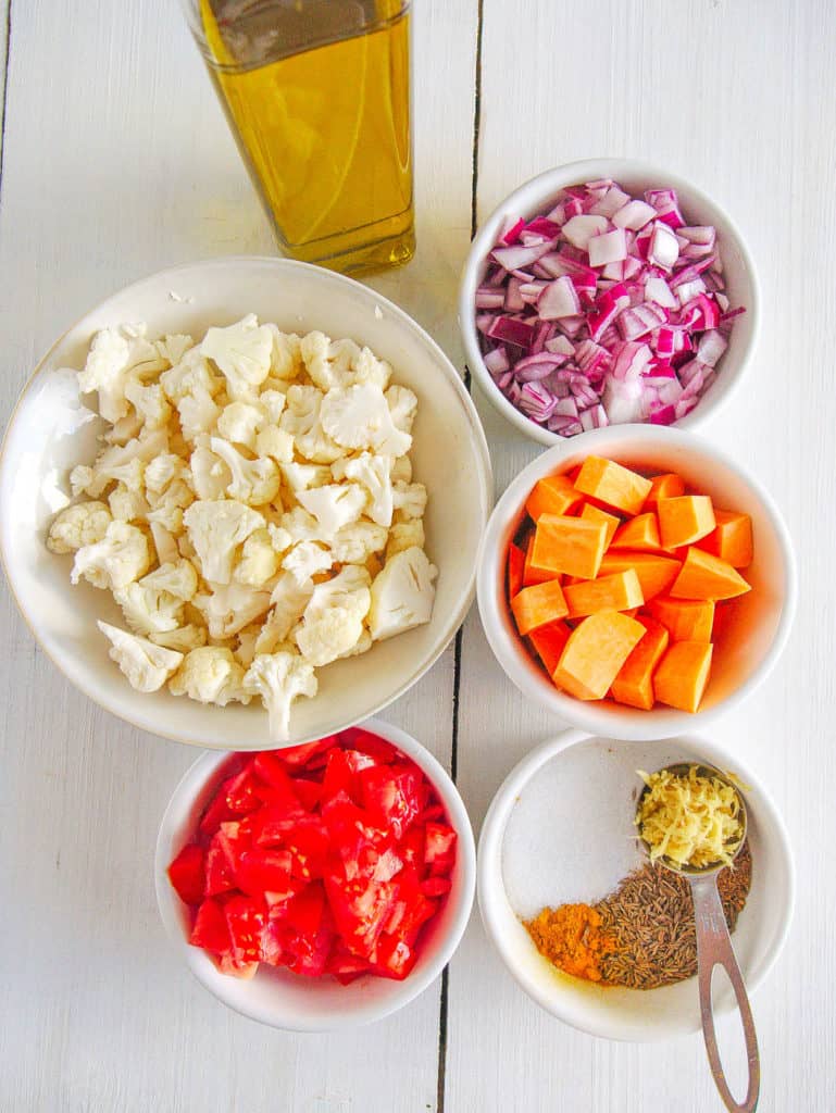 ingredients for roasted cauliflower curry with sweet potatoes