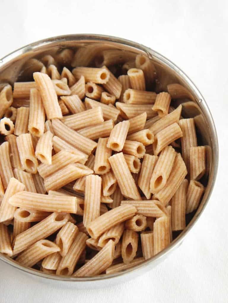 Whole wheat pasta in a bowl.