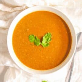 moroccan chickpea soup served in a white bowl with cilantro garnish