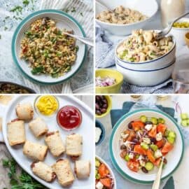 A collage of four salads and finger foods good for a picnic.