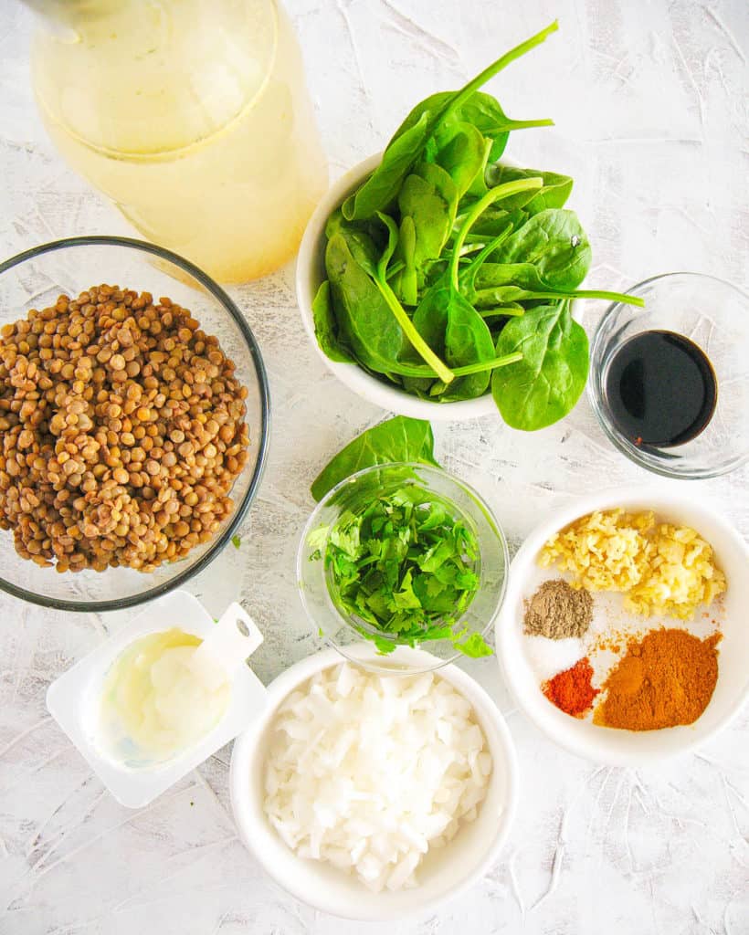 ingredients for lebanese lentil soup with spinach
