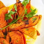 air fried sweet potato fries in a yellow basket