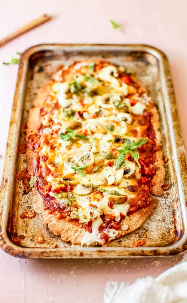 Mushroom Flatbread with Roasted Vegetables on a pan