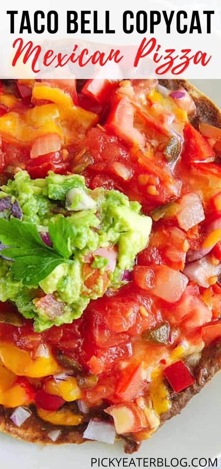 Healthy Copycat Taco Bell Mexican Pizza topped with salsa and guacamole, served on a white plate