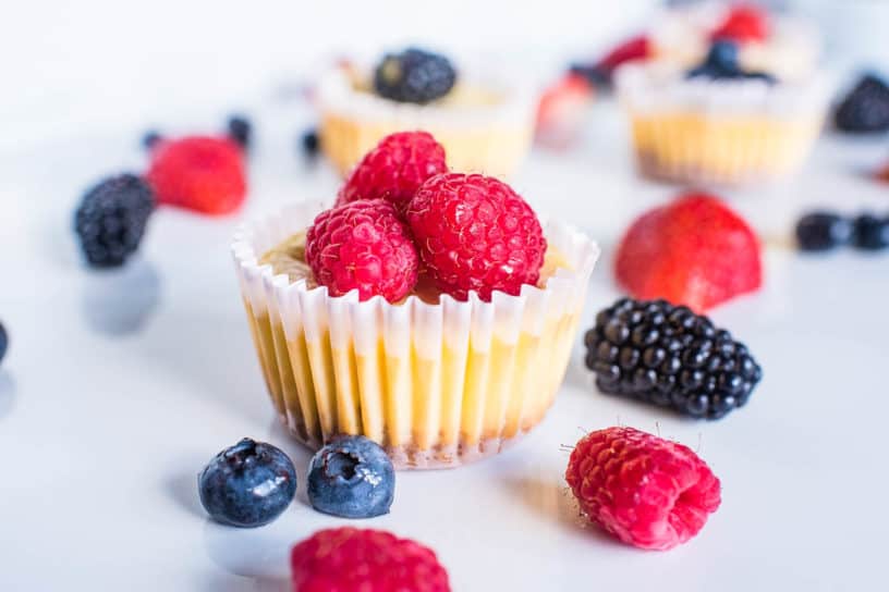closeup of cheesecake bites topped with fresh raspberries