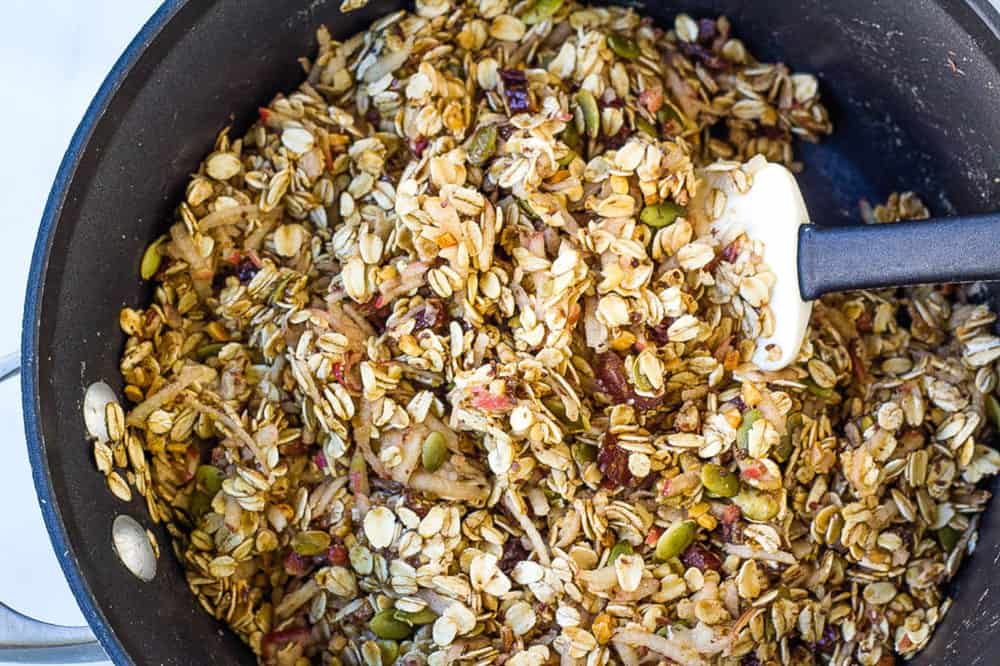 oats and nuts mixture in a pan