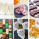Collage of healthy Halloween treats on a white background.