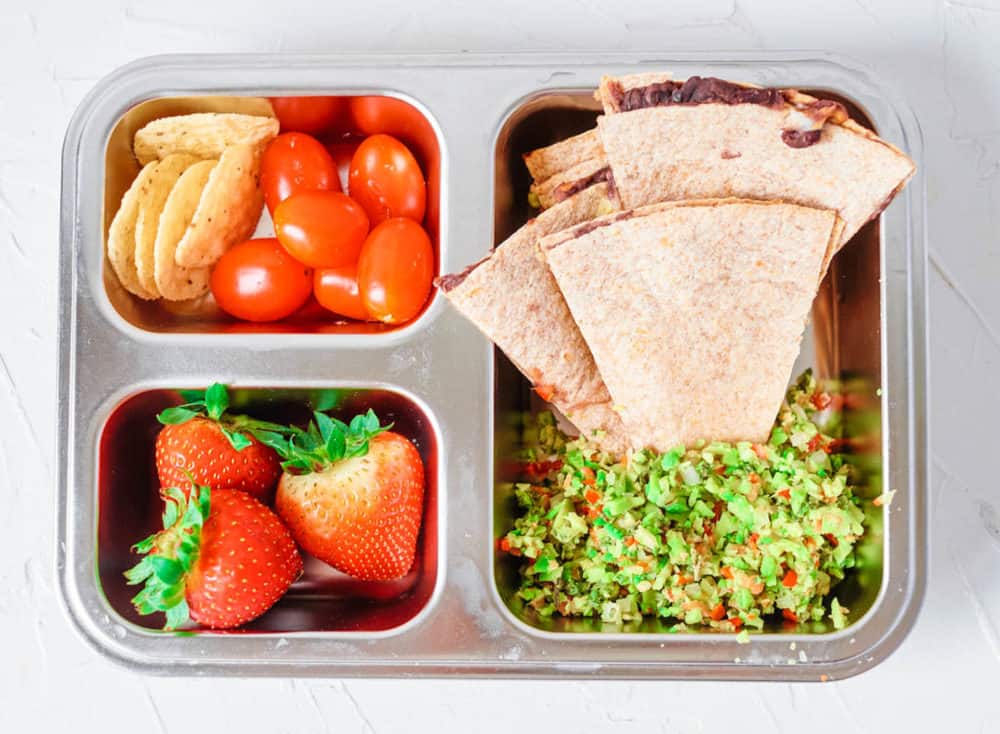 Healthy Lunch Ideas for Toddlers - quesadilla with beans & cheese, avocado, strawberries, chips, tomatoes