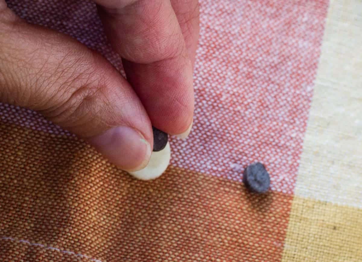 Placing chocolate chip on whtie circle to make an eye.