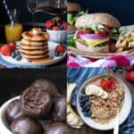 A collage of four photos of vegan recipes you can freeze.
