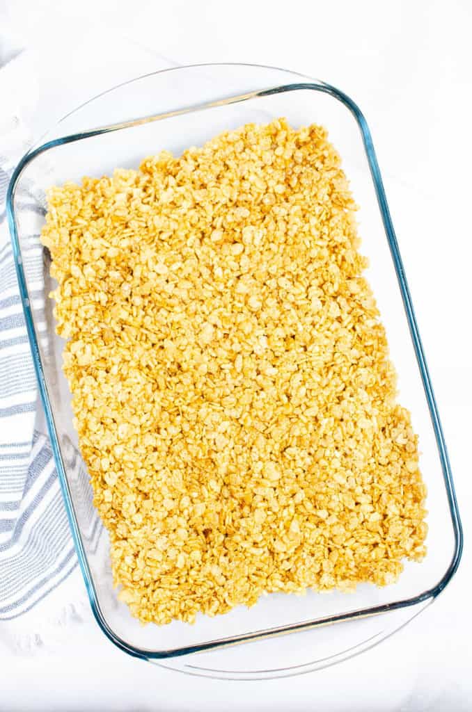 rice krispie mixture added to pan
