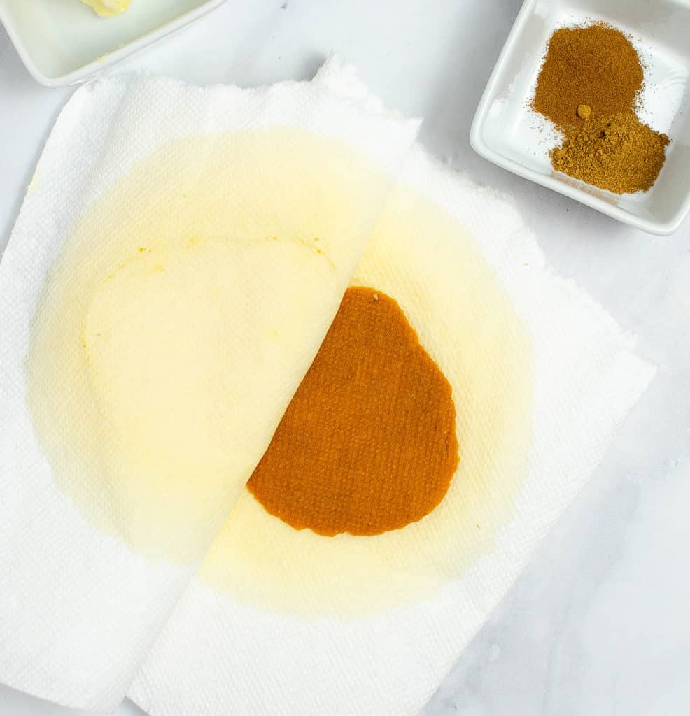 pumpkin puree blotted between paper towels