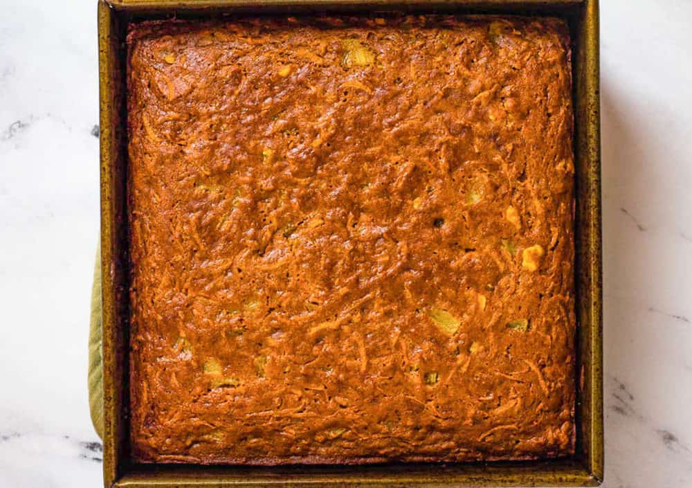vegan carrot cake fresh out of the oven in a baking dish