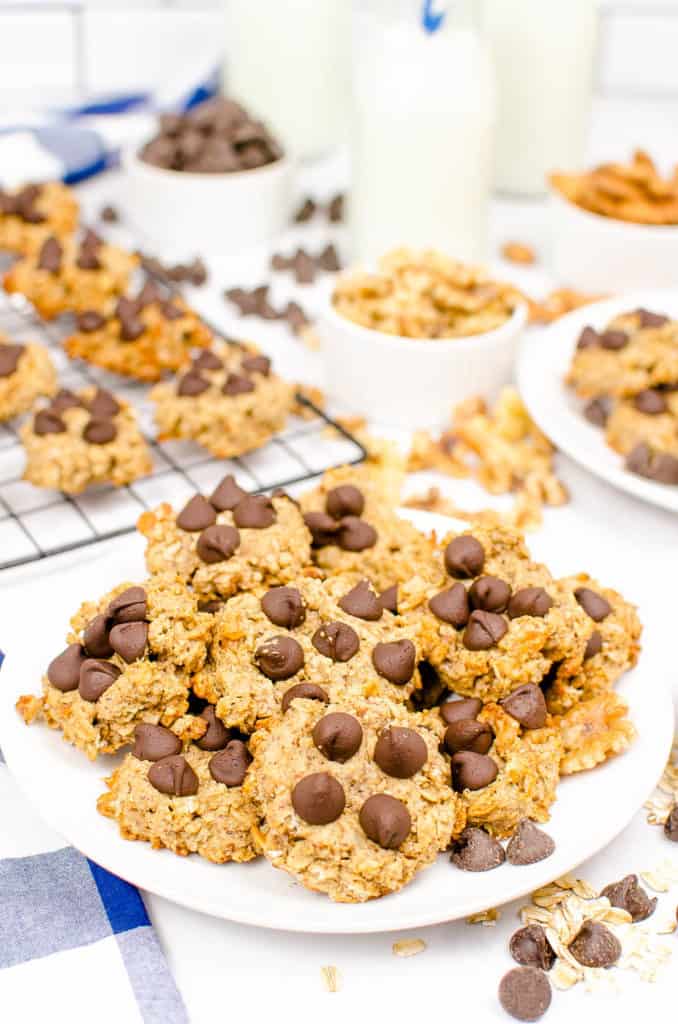 vegan peanut butter banana oatmeal cookies served on a white plate, topped with chocolate chips