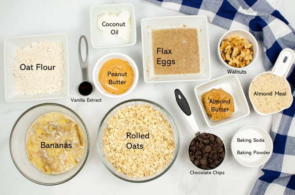 ingredients for vegan banana oatmeal cookies with peanut butter