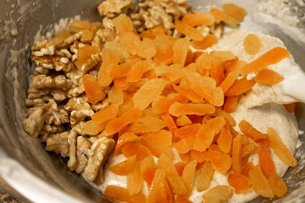 apricots and walnuts mixed into the dough