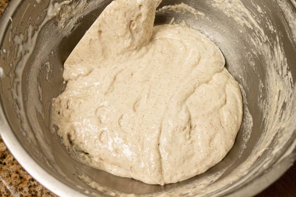 wet ingredients stirred together in a mixing bowl