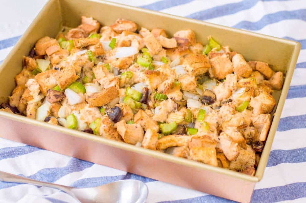 gluten free stuffing in a baking dish
