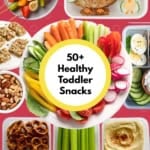 Collage of healthy toddler snacks on a pink and white background.