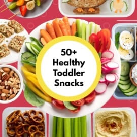 Collage of healthy toddler snacks on a pink and white background.