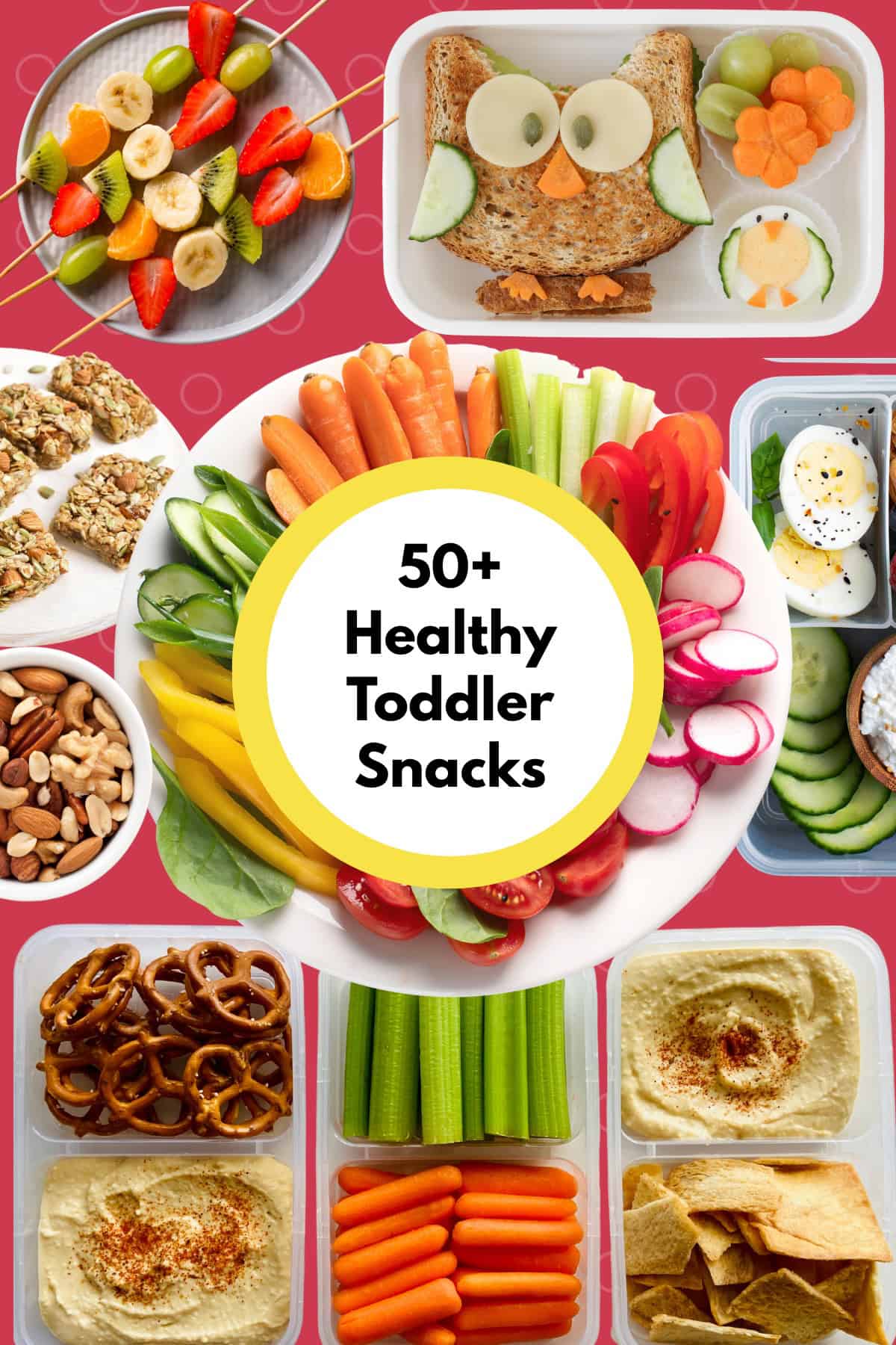 Collage of healthy toddler snacks on a pink and white background.