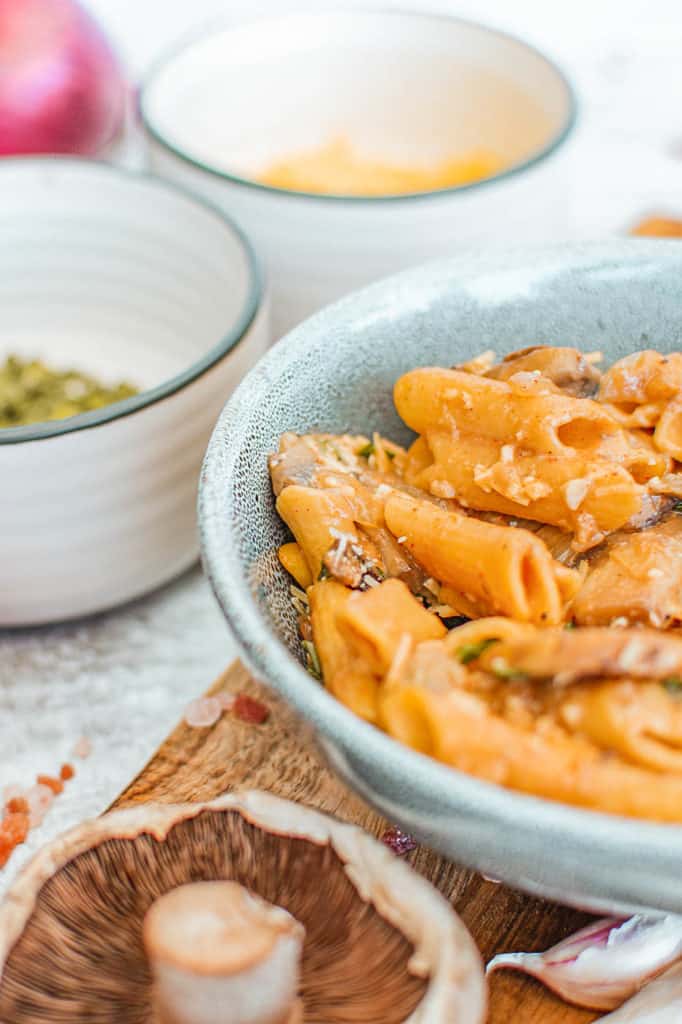 vegan mushroom stroganoff served in a blue bowl