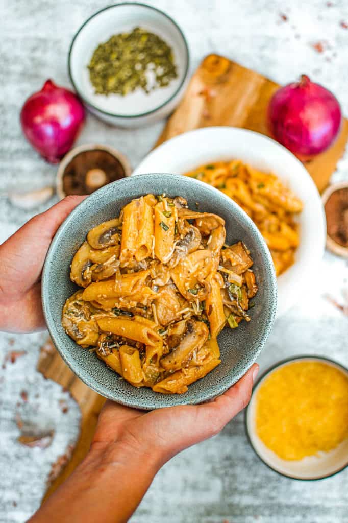 vegan mushroom stroganoff served in a blue bowl with garnishes on the side, top view