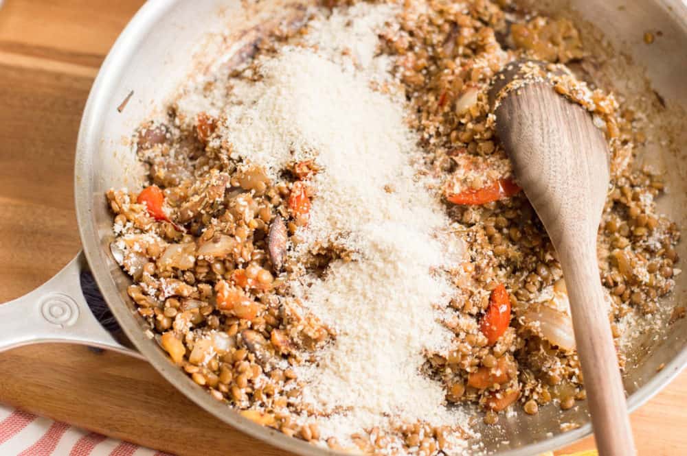 breadcrumbs added to pot with veggies