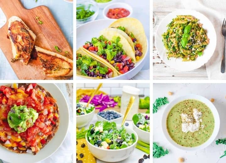 30 minute vegetarian meals collage: grilled cheese, tacos, pesto pasta, Mexican pizza, green salad, asparagus soup