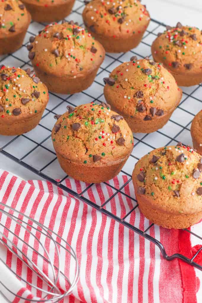 christmas muffins with chocolate chips on a wire rack