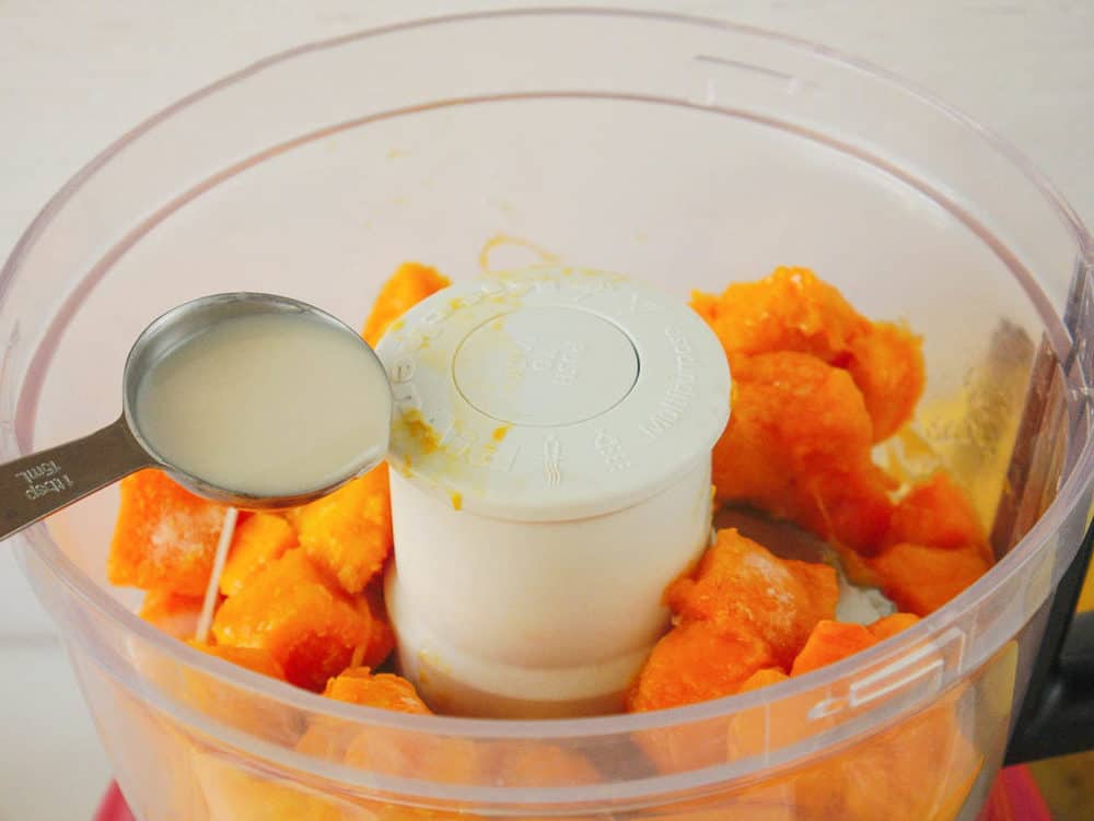 mango and plant based milk in a food processor