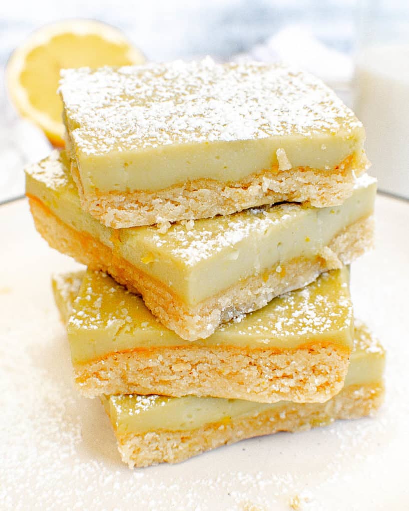 stacked gluten free lemon barson a white plate