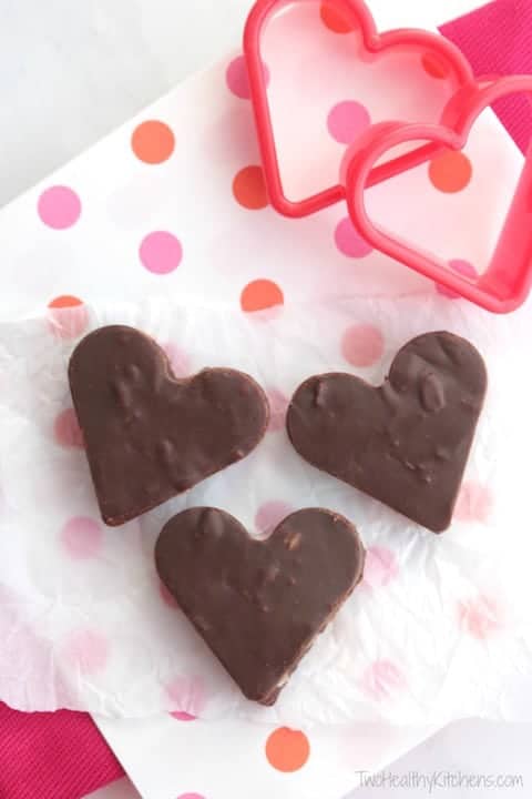 romantic desserts for two, chocolate fudge hearts on polka dot napkin