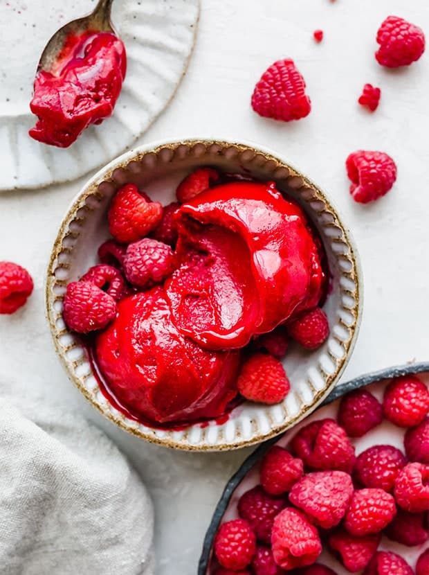 raspberry sorbet topped with fresh raspberries