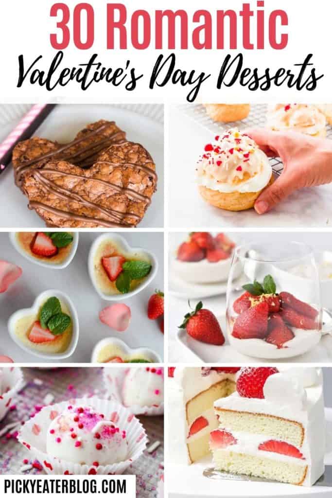 collage of romantic desserts including brownie heart, cream buff, heart ramekins, strawberry cup, valentine truffle, and strawberry cake.