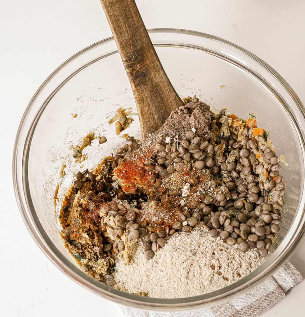 lentils and breadcrumbs added to veggie mixture