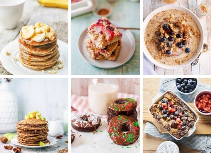 collage of vegetarian breakfast recipes for picky eaters including pancakes, chocolate doughnuts, french toast bake, oatmeal with berries, 