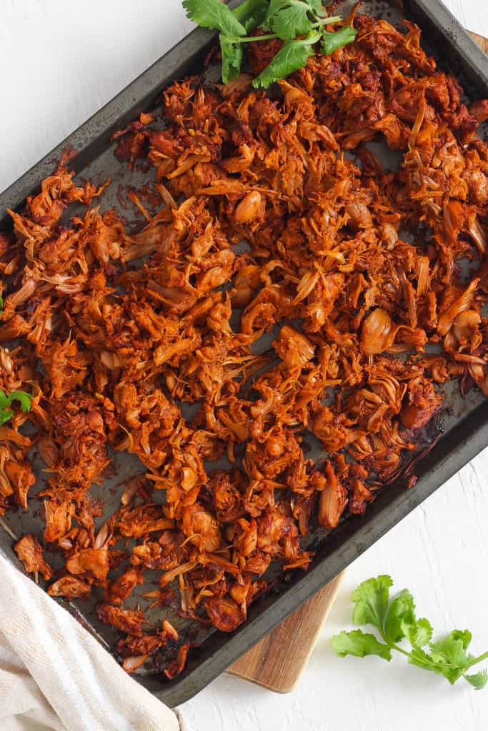 jackfruit carnitas on a baking sheet fresh out of the oven