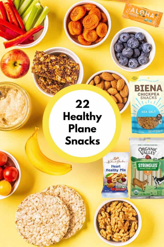 Collage of the best healthy plane snacks on a yellow background.