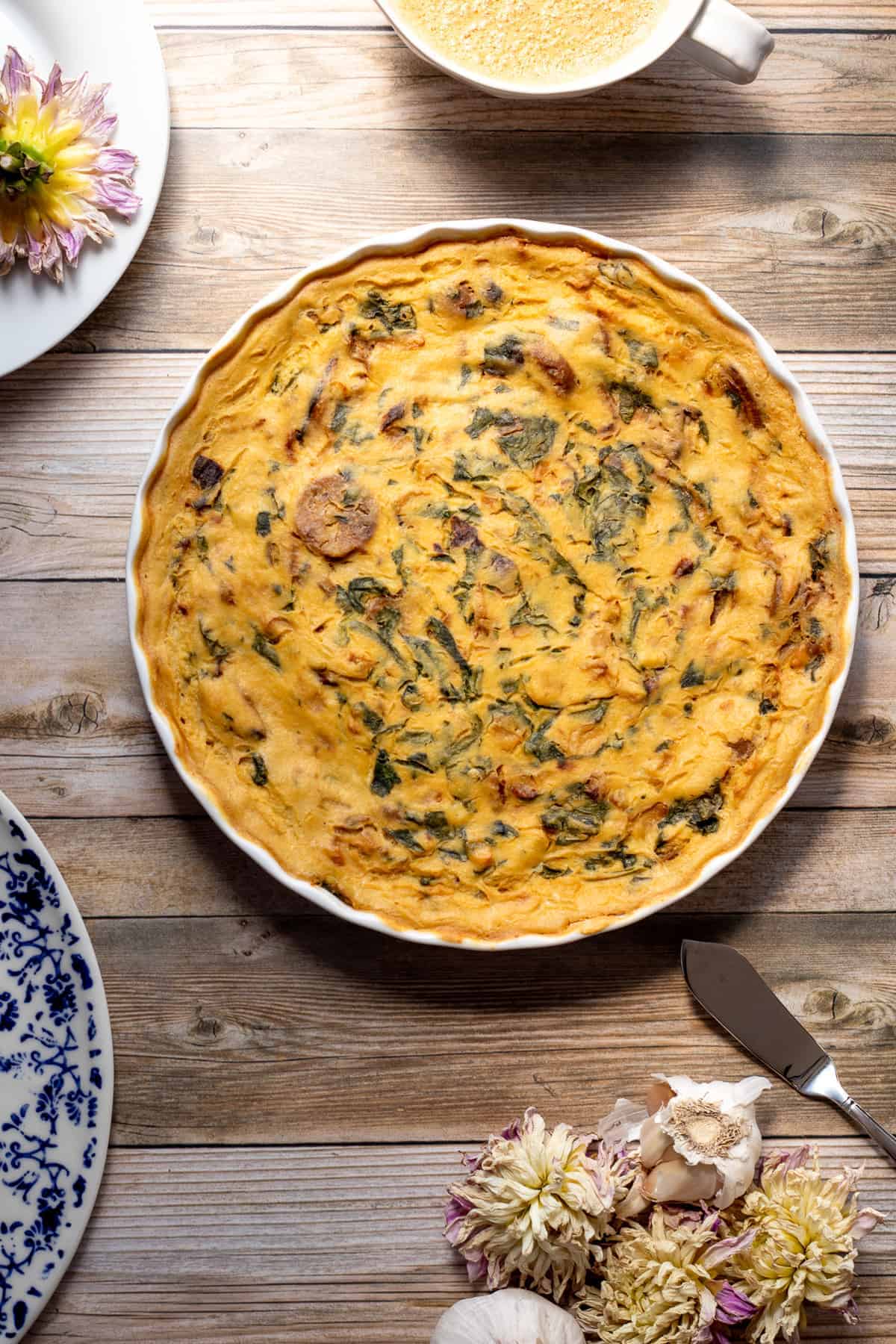 crustless vegan quiche with spinach and mushrooms