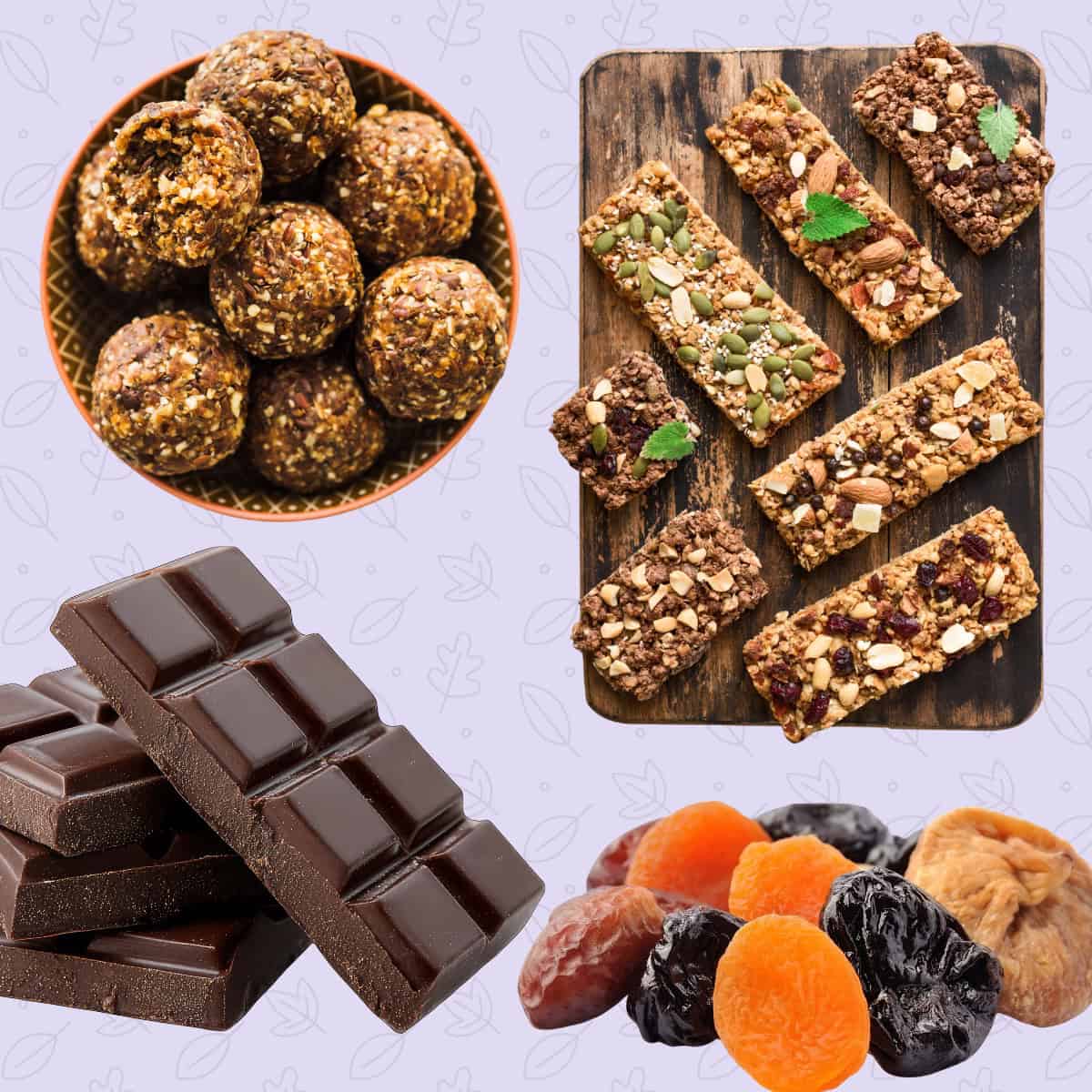 Collage of healthy desserts for travel including granola bars, energy balls, dried fruit and dark chocolate.