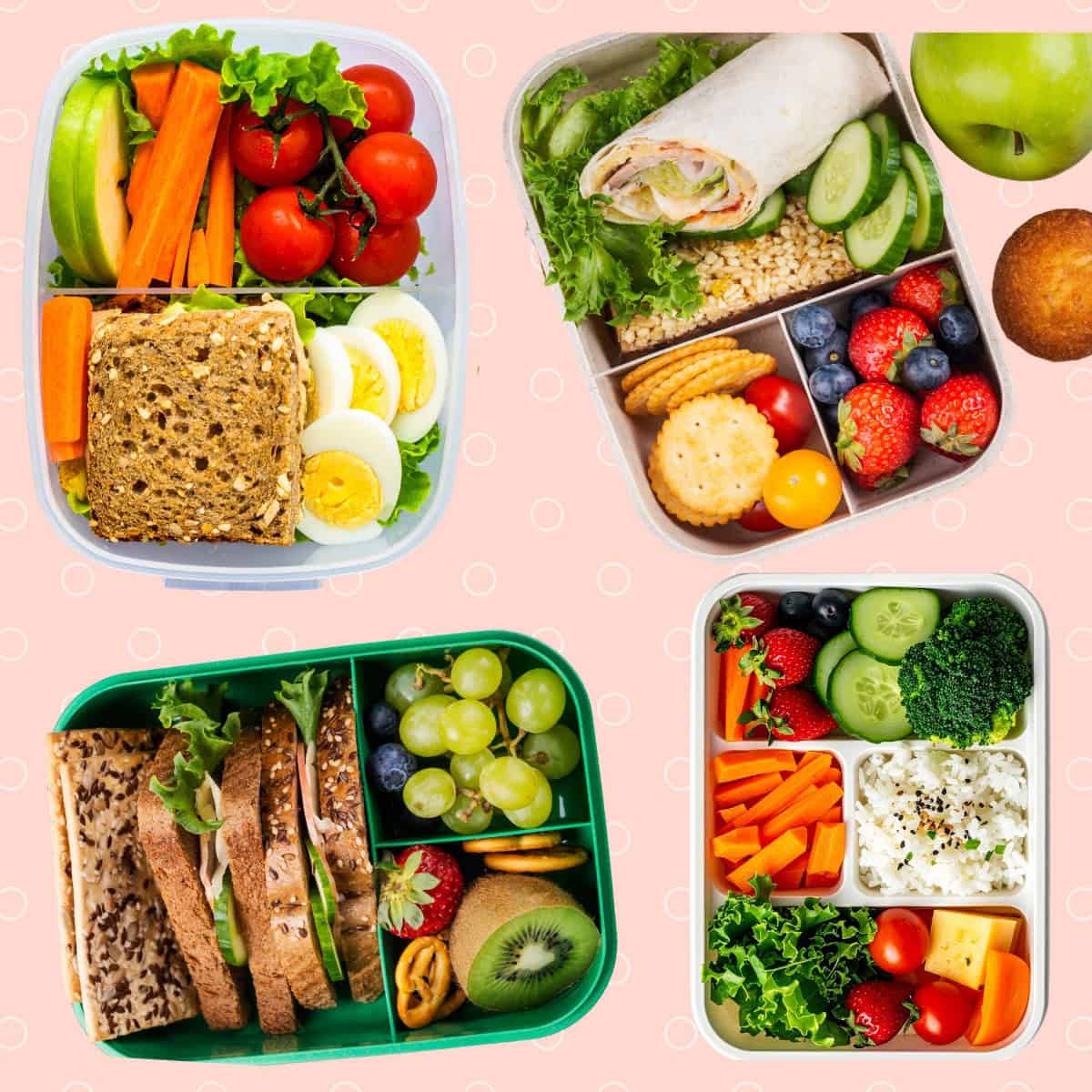 Collage of lunchboxes with fruits, veggies, sandwiches and dips to take on the plane.