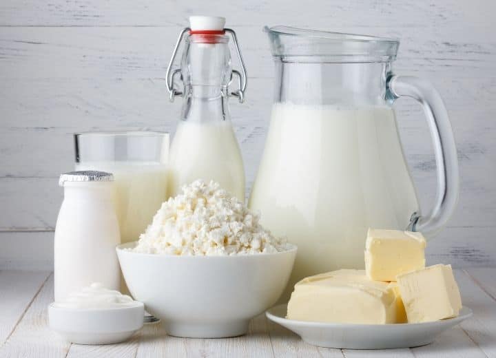 dairy foods: milk, butter, feta cheese