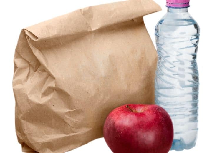 paper bag lunch with apple and water