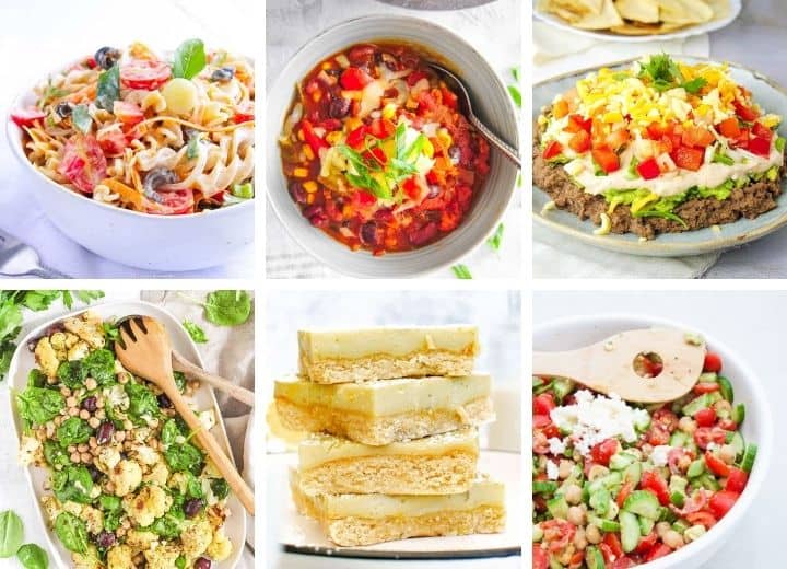 Memorial Day potluck ideas: pasta salad, vegetarian chili, 7 layer dip, cauliflower salad, lemon bars, tomato cucumber salad