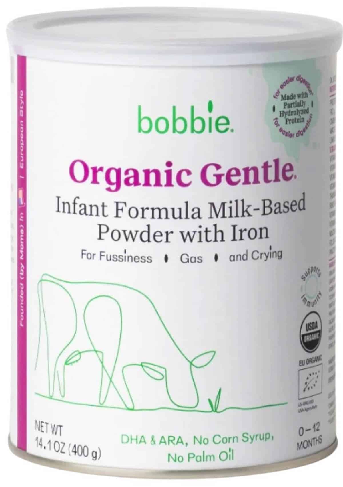 Can of Bobbie organic gentle infant formula.