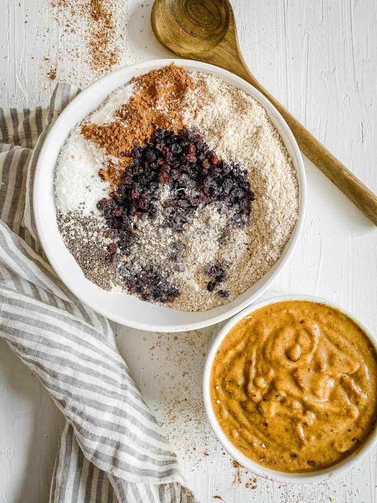 wet and dry ingredients in mixing bowls