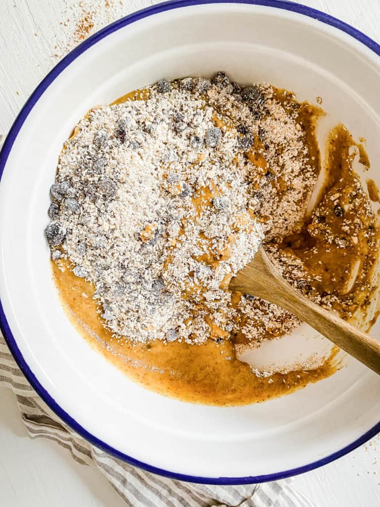 wet and dry ingredients combined in a bowl