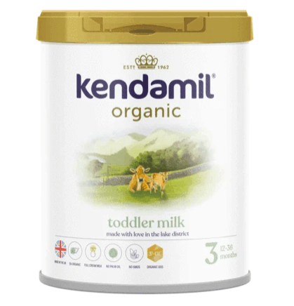 Can of Kendamil stage 3 toddler formula on a white background.