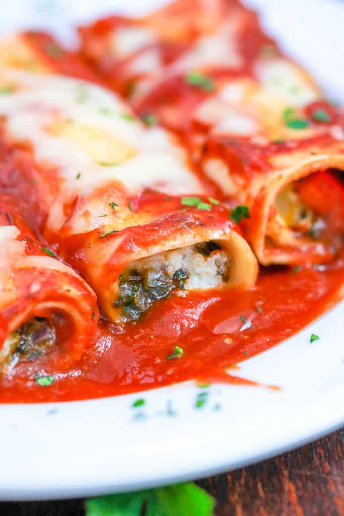 pasta rolls with pomodoro sauce on a white plate